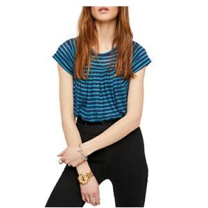 Free People JoJo Striped Blue Babydoll Tee Shirt Top | Size Small